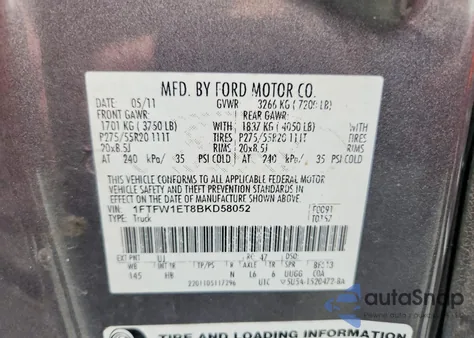 2011 Ford F150 Supercrew z USA, uszkodzony, nr VIN 1FTFW1ET8BKD58052